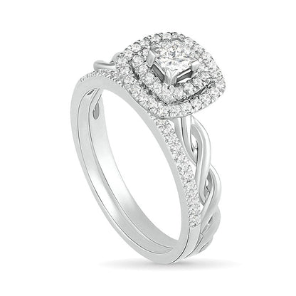 0.38 CT. T.W. Princess-Cut Natural Diamond Double Frame Twist Shank Bridal Engagement Ring Set in Solid 10K White Gold