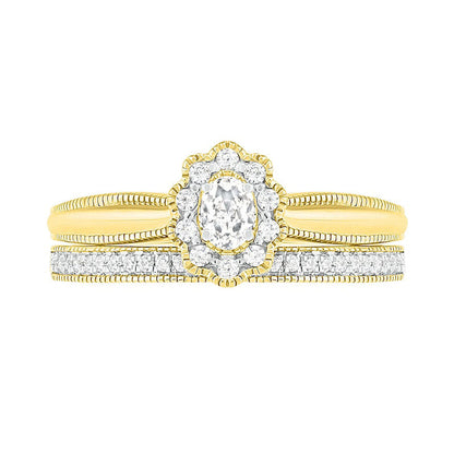 0.33 CT. T.W. Oval Natural Diamond Scallop Frame Antique Vintage-Style Bridal Engagement Ring Set in Solid 10K Yellow Gold