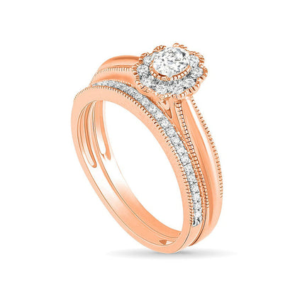 0.33 CT. T.W. Oval Natural Diamond Scallop Frame Antique Vintage-Style Bridal Engagement Ring Set in Solid 10K Rose Gold