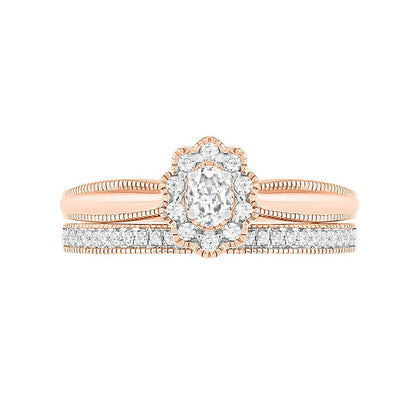 0.33 CT. T.W. Oval Natural Diamond Scallop Frame Antique Vintage-Style Bridal Engagement Ring Set in Solid 10K Rose Gold