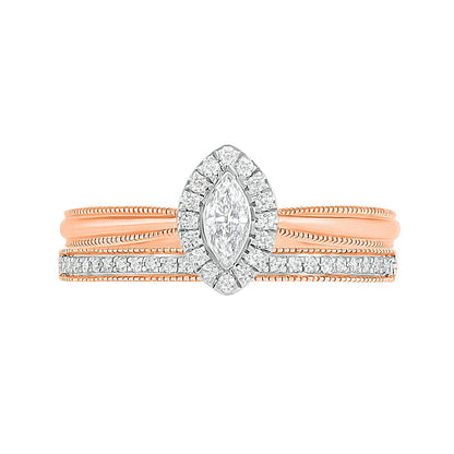 0.33 CT. T.W. Marquise Natural Diamond Frame Antique Vintage-Style Bridal Engagement Ring Set in Solid 10K Rose Gold