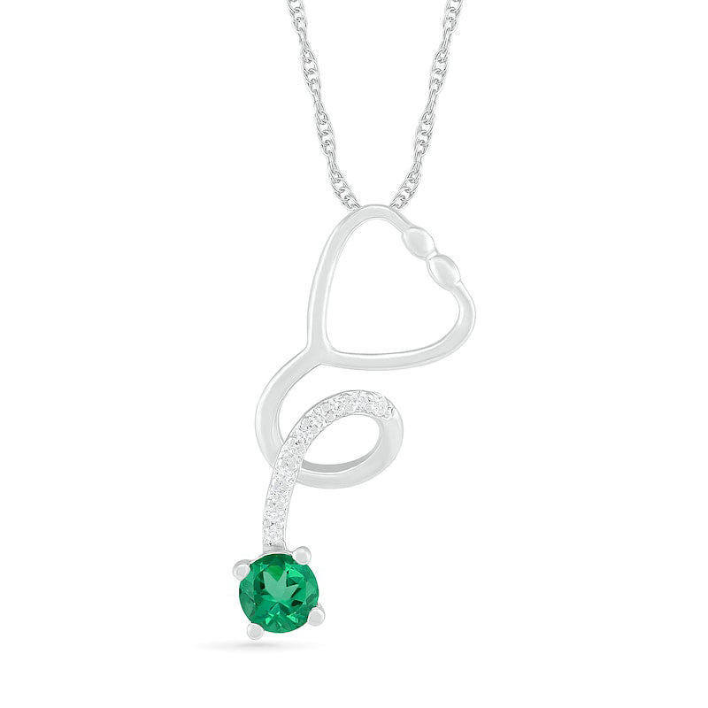 3.0mm Lab-Created Emerald and White Sapphire Tilted Loop Stethoscope Pendant in Sterling Silver