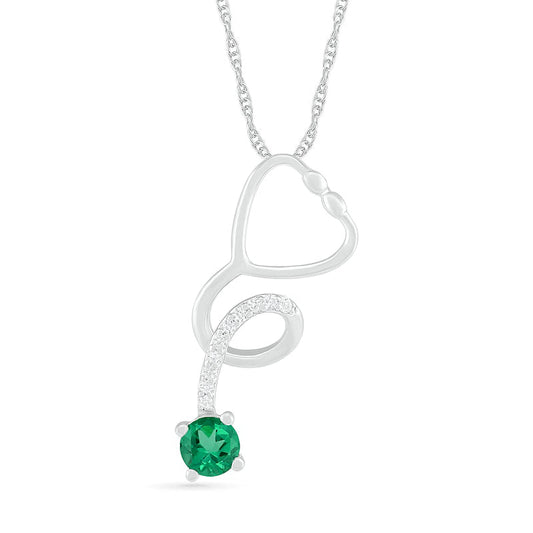 3.0mm Lab-Created Emerald and White Sapphire Tilted Loop Stethoscope Pendant in Sterling Silver