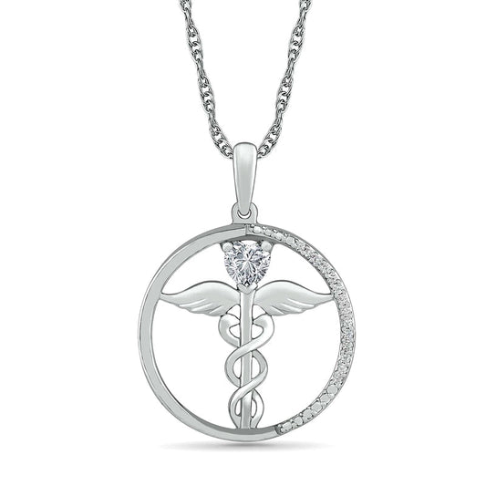 Heart-Shaped Lab-Created White Sapphire and 0.05 CT. T.W. Diamond Caduceus Open Circle Drop Pendant in Sterling Silver
