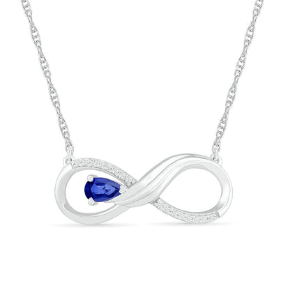 Pear-Shaped Lab-Created Blue Sapphire and 0.05 CT. T.W. Diamond Winged Infinity Necklace in Sterling Silver