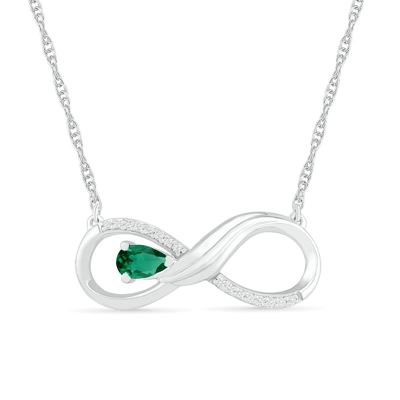 Pear-Shaped Lab-Created Emerald and 0.05 CT. T.W. Diamond Winged Infinity Necklace in Sterling Silver