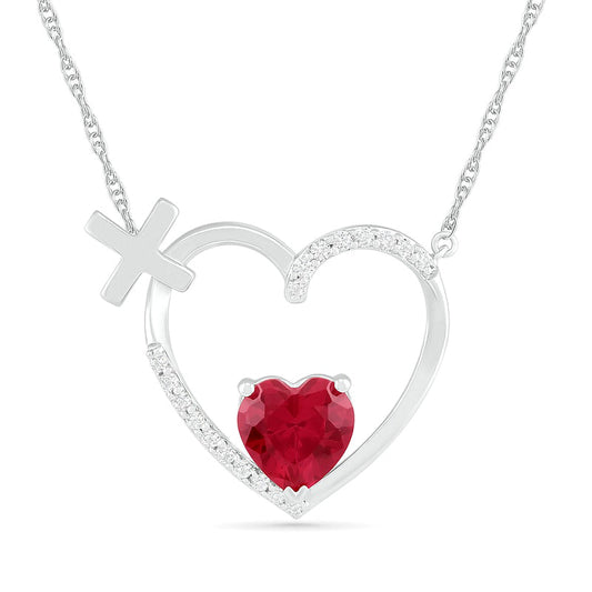 4.0mm Lab-Created Ruby and White Sapphire Heart Outline with Greek Cross Necklace in Sterling Silver