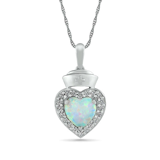 7.0mm Lab-Created Opal and White Sapphire Frame Heart with Nurse Cap Drop Pendant in Sterling Silver