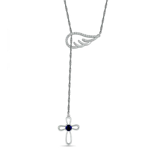 3.0mm Lab-Created Blue and White Sapphire Wing and Loop Cross Lariat Necklace in Sterling Silver - 19.75"