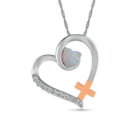 Lab-Created Opal and White Sapphire Loop Heart Outline with Greek Cross Pendant in Sterling Silver and 10K Rose Gold
