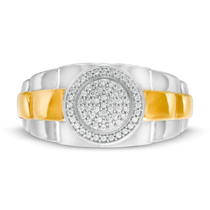 Men's 0.20 CT. T.W. Composite Natural Diamond Frame Triple Row Ribbed Shank Ring in Solid 10K Two-Toned Gold