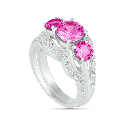 Lab-Created Pink and White Sapphire Three Stone Rolling Wave Split Shank Bridal Engagement Ring Set in Sterling Silver