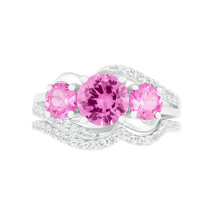 Lab-Created Pink and White Sapphire Three Stone Rolling Wave Split Shank Bridal Engagement Ring Set in Sterling Silver