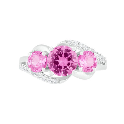 Lab-Created Pink and White Sapphire Three Stone Rolling Wave Split Shank Bridal Engagement Ring Set in Sterling Silver