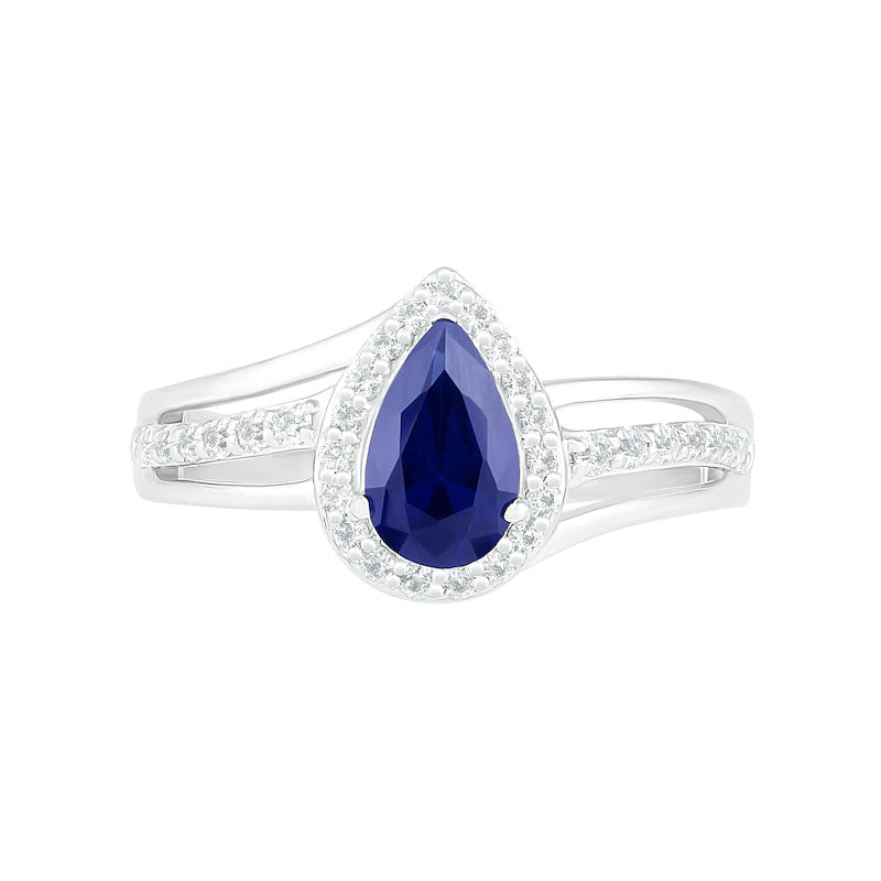 Pear-Shaped Lab-Created Blue and White Sapphire Frame Bypass Split Shank Bridal Engagement Ring Set in Sterling Silver
