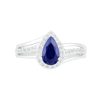 Pear-Shaped Lab-Created Blue and White Sapphire Frame Bypass Split Shank Bridal Engagement Ring Set in Sterling Silver