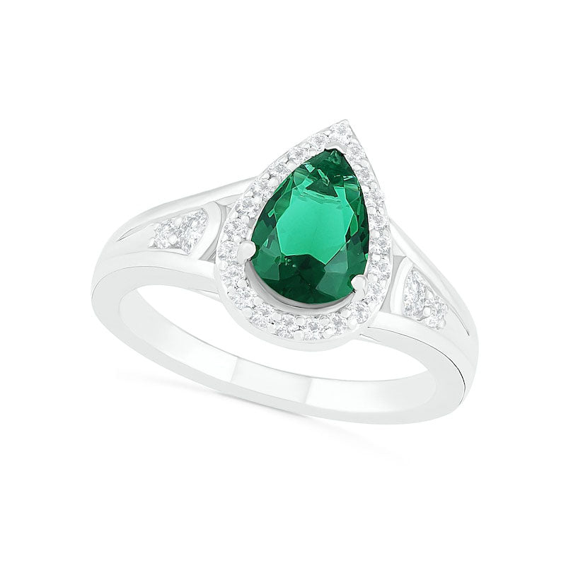 Pear-Shaped Lab-Created Emerald and White Sapphire Geometric Curve Split Shank Bridal Engagement Ring Set in Sterling Silver