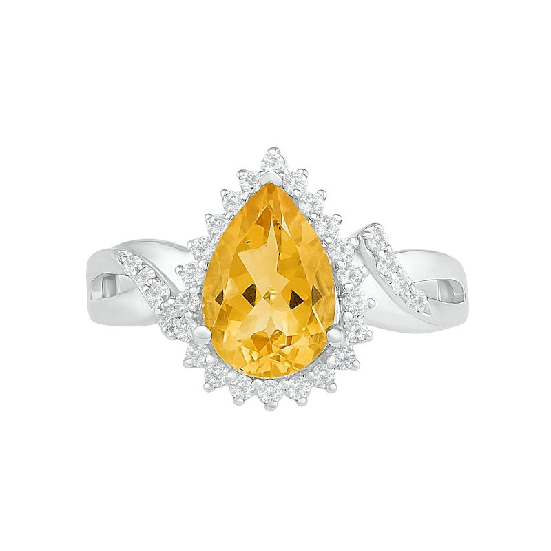 Pear-Shaped Citrine and White Lab-Created Sapphire Starburst Frame Twist Split Shank Ring in Sterling Silver