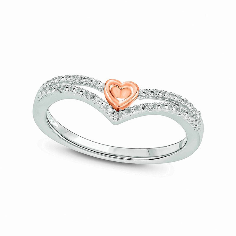 Natural Diamond Accent Heart Chevron Ring in Sterling Silver and Solid 10K Rose Gold