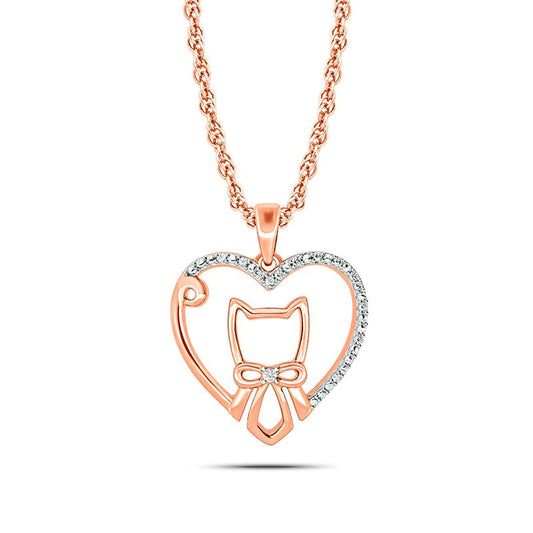 0.05 CT. T.W. Natural Diamond Cat with Bowtie in Heart Pendant in 10K Rose Gold