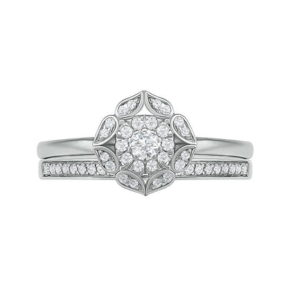 0.33 CT. T.W. Natural Diamond Flower Frame Bridal Engagement Ring Set in Solid 10K White Gold