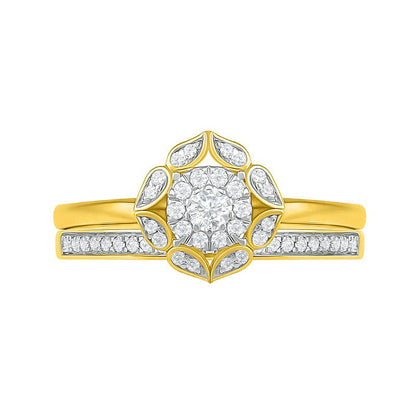 0.33 CT. T.W. Natural Diamond Flower Frame Bridal Engagement Ring Set in Solid 10K Yellow Gold