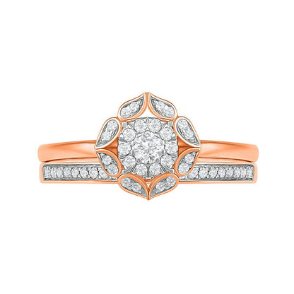 0.33 CT. TW. Natural Diamond Flower Frame Bridal Engagement Ring Set in Solid 10K Rose Gold