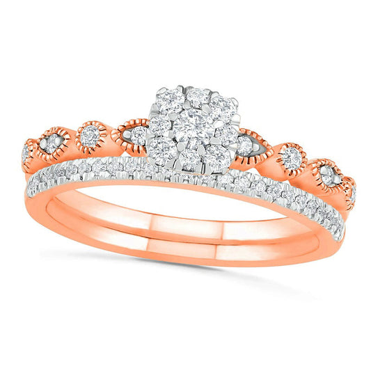 0.38 CT. T.W. Composite Natural Diamond Antique Vintage-Style Alternating Bridal Engagement Ring Set in Solid 10K Rose Gold