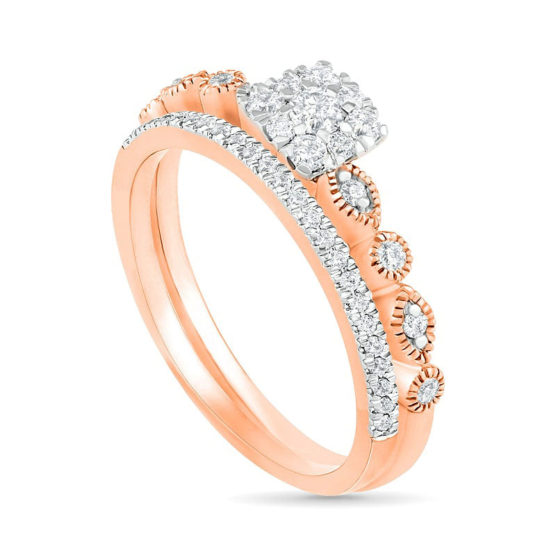 0.38 CT. T.W. Composite Natural Diamond Antique Vintage-Style Alternating Bridal Engagement Ring Set in Solid 10K Rose Gold