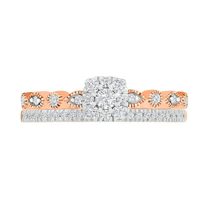 0.38 CT. T.W. Composite Natural Diamond Antique Vintage-Style Alternating Bridal Engagement Ring Set in Solid 10K Rose Gold