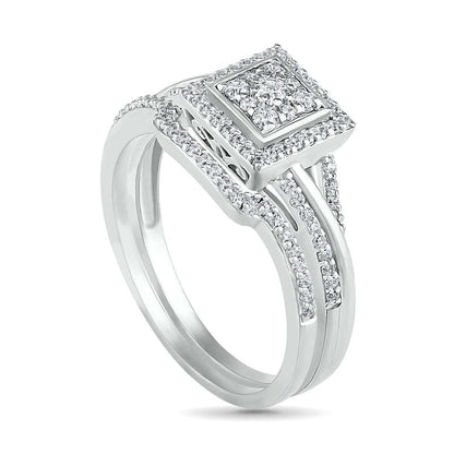 0.38 CT. T.W. Composite Natural Diamond Square Frame Split Shank Bridal Engagement Ring Set in Solid 10K White Gold