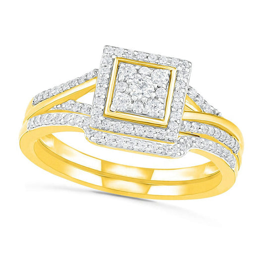 0.38 CT. T.W. Composite Natural Diamond Square Frame Split Shank Bridal Engagement Ring Set in Solid 10K Yellow Gold