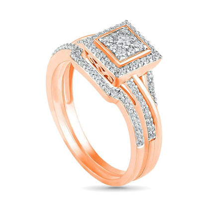 0.38 CT. T.W. Composite Natural Diamond Square Frame Split Shank Bridal Engagement Ring Set in Solid 10K Rose Gold