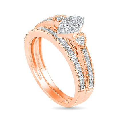 0.33 CT. T.W. Composite Natural Diamond Marquise Antique Vintage-Style Bridal Engagement Ring Set in Solid 10K Rose Gold