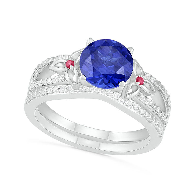 8.0mm Lab-Created Blue Sapphire, Ruby and 0.07 CT. T.W. Diamond Flower-Sides Split Shank Bridal Engagement Ring Set in Sterling Silver