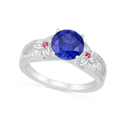8.0mm Lab-Created Blue Sapphire, Ruby and 0.07 CT. T.W. Diamond Flower-Sides Split Shank Bridal Engagement Ring Set in Sterling Silver