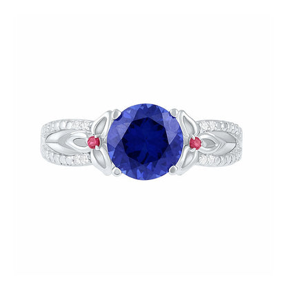 8.0mm Lab-Created Blue Sapphire, Ruby and 0.07 CT. T.W. Diamond Flower-Sides Split Shank Bridal Engagement Ring Set in Sterling Silver