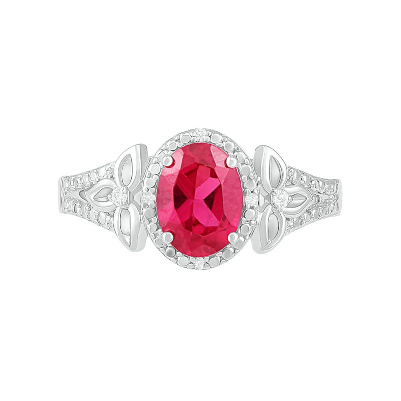 Oval Lab-Created Ruby and 0.07 CT. T.W. Diamond Bead Frame Flower-Sides Split Shank Bridal Engagement Ring Set in Sterling Silver