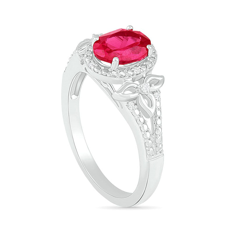 Oval Lab-Created Ruby and 0.07 CT. T.W. Diamond Bead Frame Flower-Sides Split Shank Bridal Engagement Ring Set in Sterling Silver