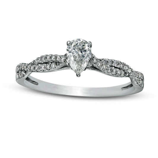 0.50 CT. T.W. Pear-Shaped Natural Diamond Twist Shank Engagement Ring in Solid 14K White Gold (I/I1)