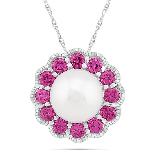 Cultured Freshwater Pearl and Lab-Created Pink Sapphire Frame Antique Vintage-Style Flower Pendant in Sterling Silver