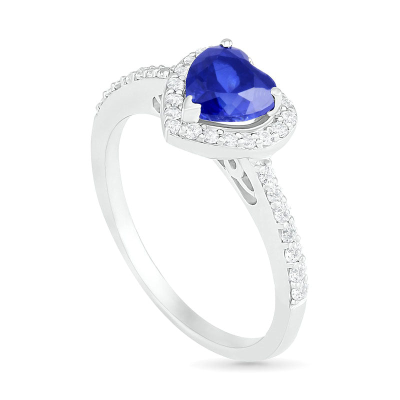 6.0mm Heart-Shaped Lab-Created Blue and White Sapphire Frame Ring in Sterling Silver