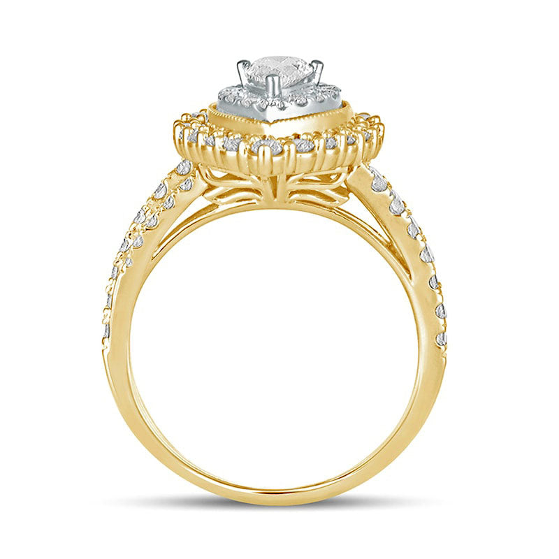 1.5 CT. T.W. Pear-Shaped Natural Diamond Double Frame Antique Vintage-Style Engagement Ring in Solid 14K Gold