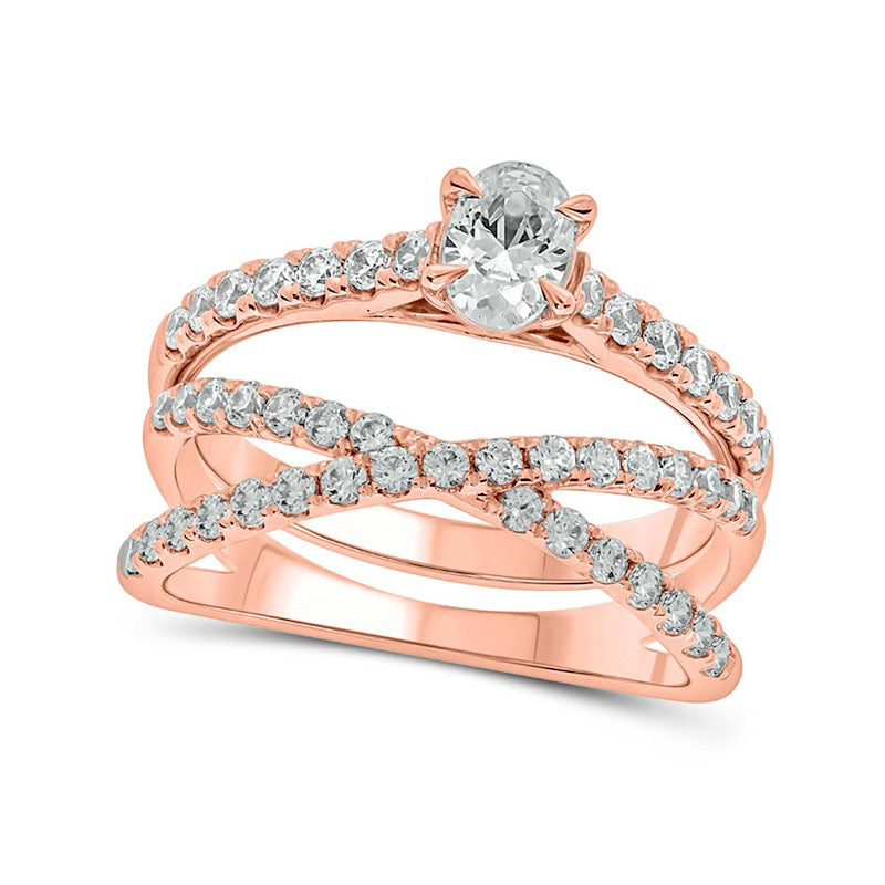 1.25 CT. T.W. Oval Natural Diamond Crossover Bridal Engagement Ring Set in Solid 10K Rose Gold