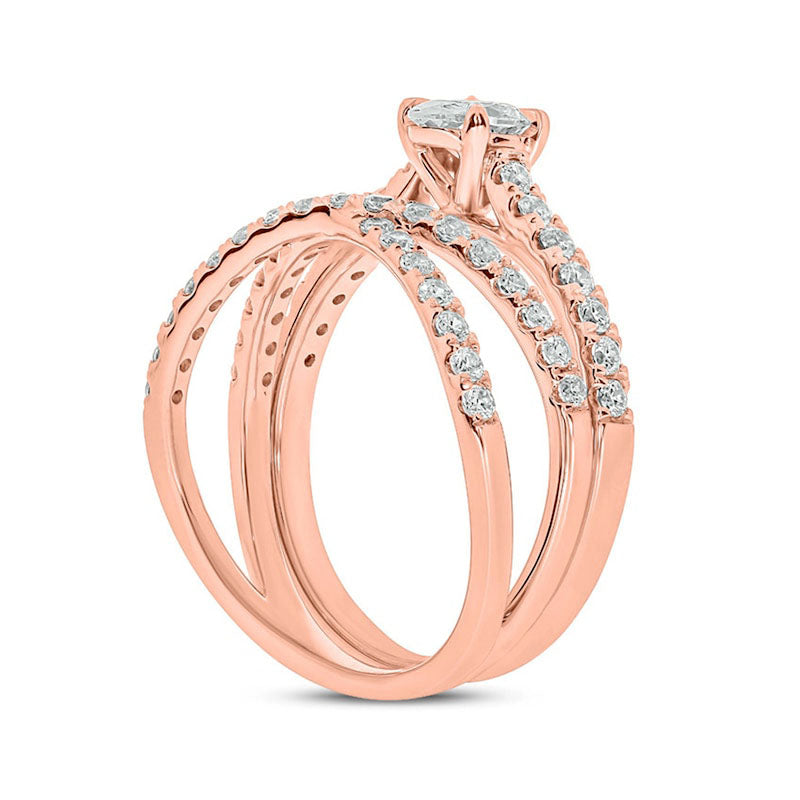 1.25 CT. T.W. Oval Natural Diamond Crossover Bridal Engagement Ring Set in Solid 10K Rose Gold