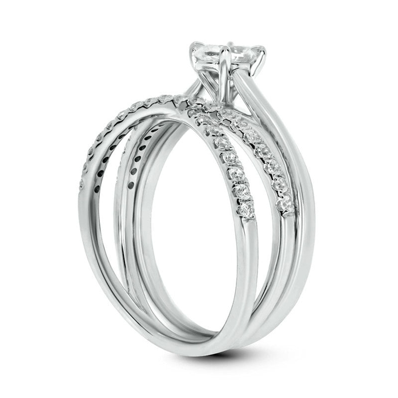 0.75 CT. T.W. Oval Natural Diamond Crossover Bridal Engagement Ring Set in Solid 10K White Gold