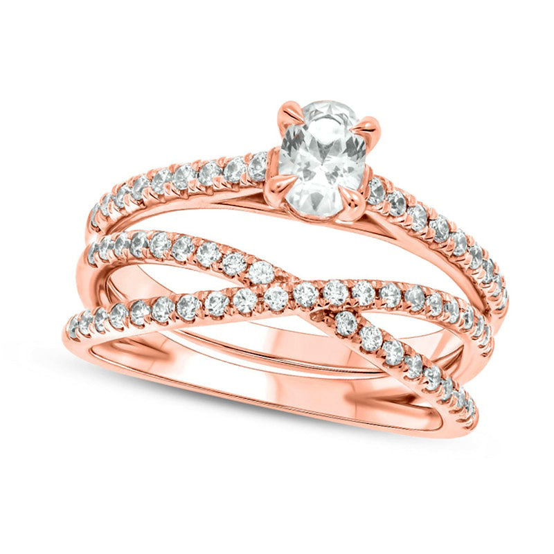 1.0 CT. T.W. Oval Natural Diamond Crossover Bridal Engagement Ring Set in Solid 10K Rose Gold