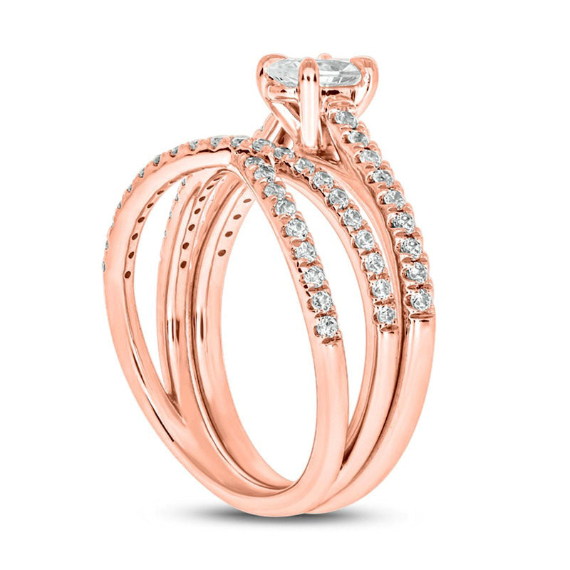 1.0 CT. T.W. Oval Natural Diamond Crossover Bridal Engagement Ring Set in Solid 10K Rose Gold