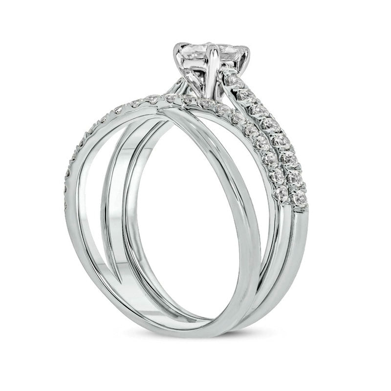 1.0 CT. T.W. Oval Natural Diamond Slant Bridal Engagement Ring Set in Solid 10K White Gold