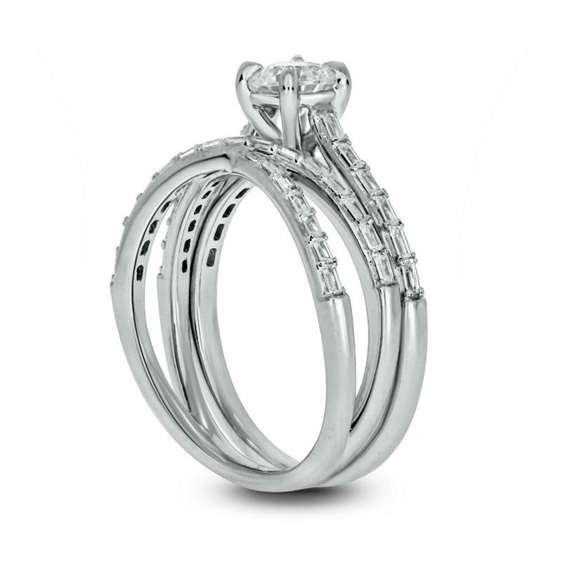 0.75 CT. T.W. Baguette and Round Natural Diamond Crossover Bridal Engagement Ring Set in Solid 10K White Gold